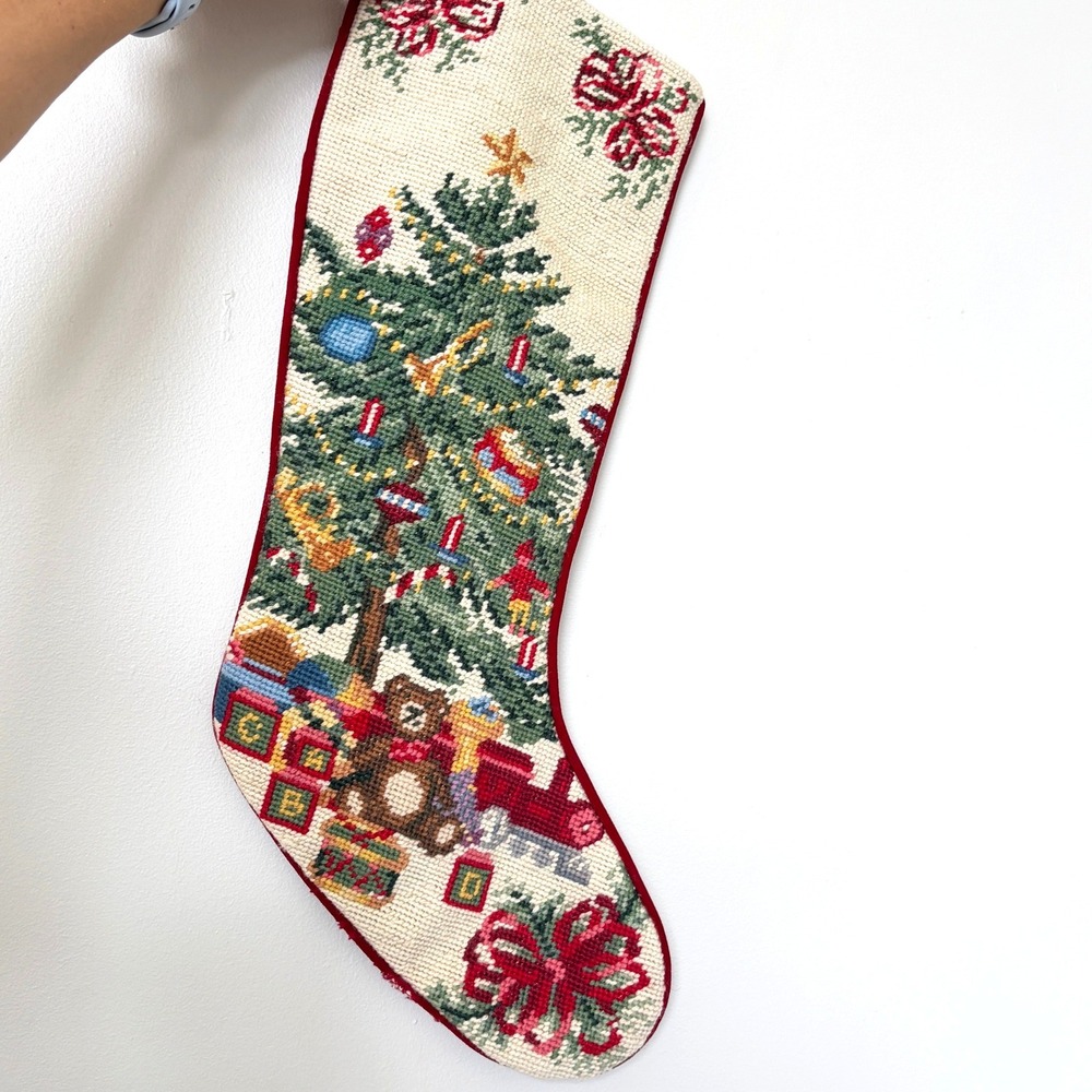 Vintage Needlepoint Christmas Stocking Wool Velvet Teddy Bear Tree 20 Inch